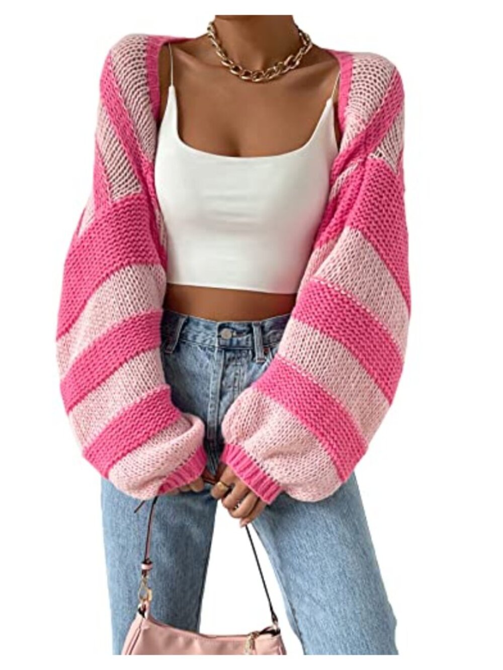 Women's Striped Bolero Shrug Sweater Long Sleeve Open Front Crop Cardigan